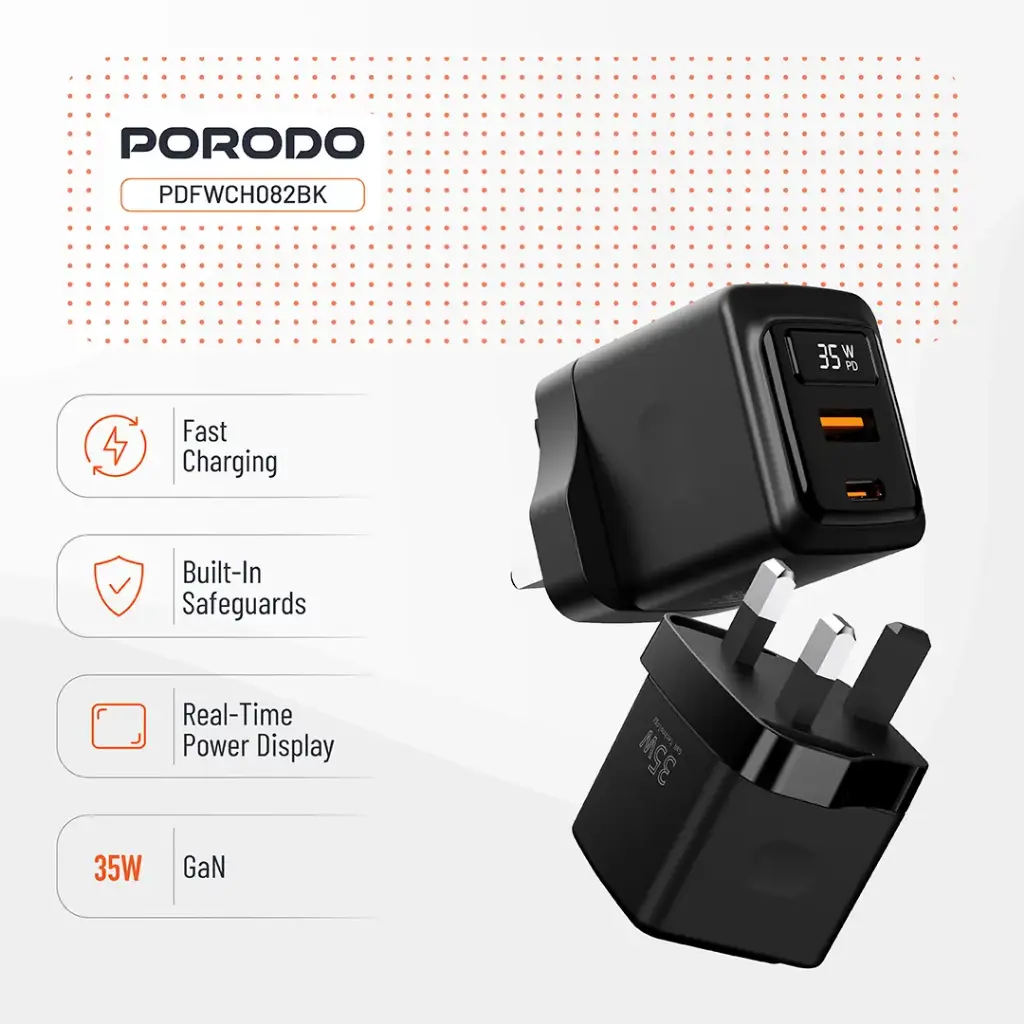 Porodo GaN 35W Dual Port Wall Charger with Power Display 6