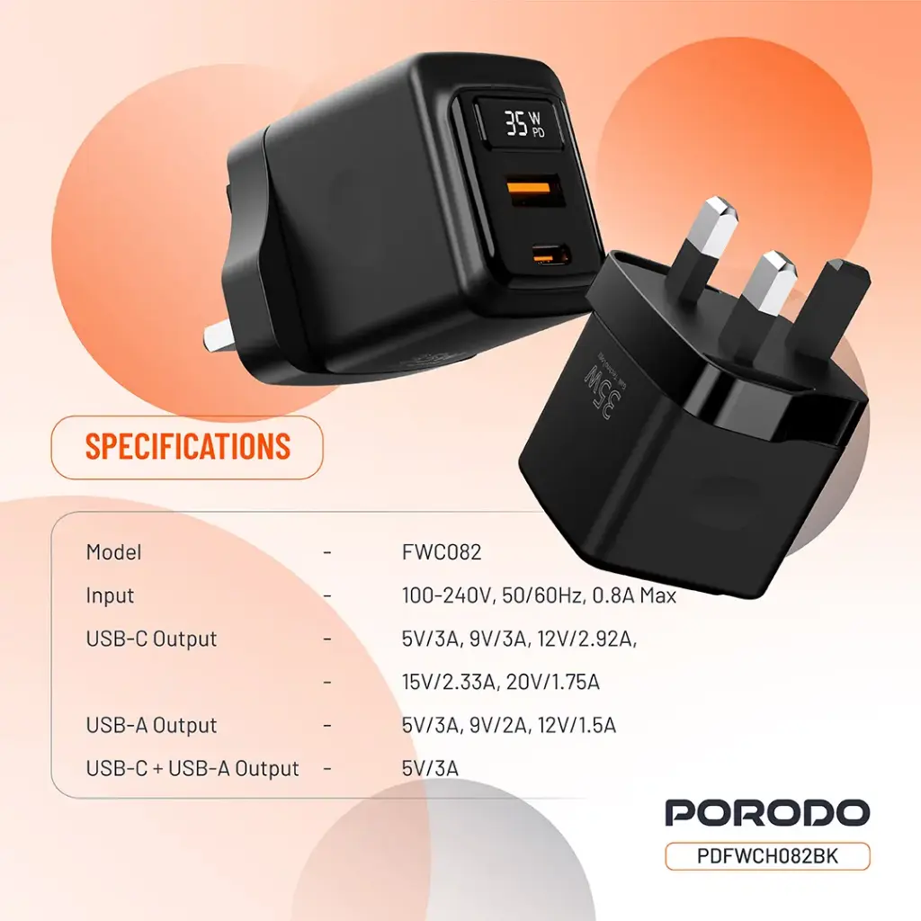 Porodo GaN 35W Dual Port Wall Charger with Power Display 7
