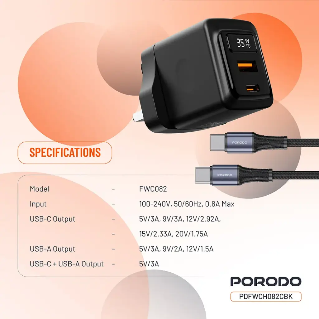 Porodo GaN 35W Dual Port Wall Charger with Type-C To Type-C Cable 8