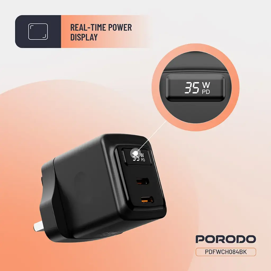 Porodo GaN 35W Dual USB-C Wall Charger with Power Display 2