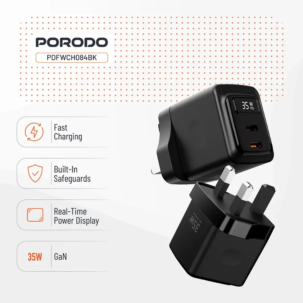 Porodo GaN 35W Dual USB-C Wall Charger with Power Display 6