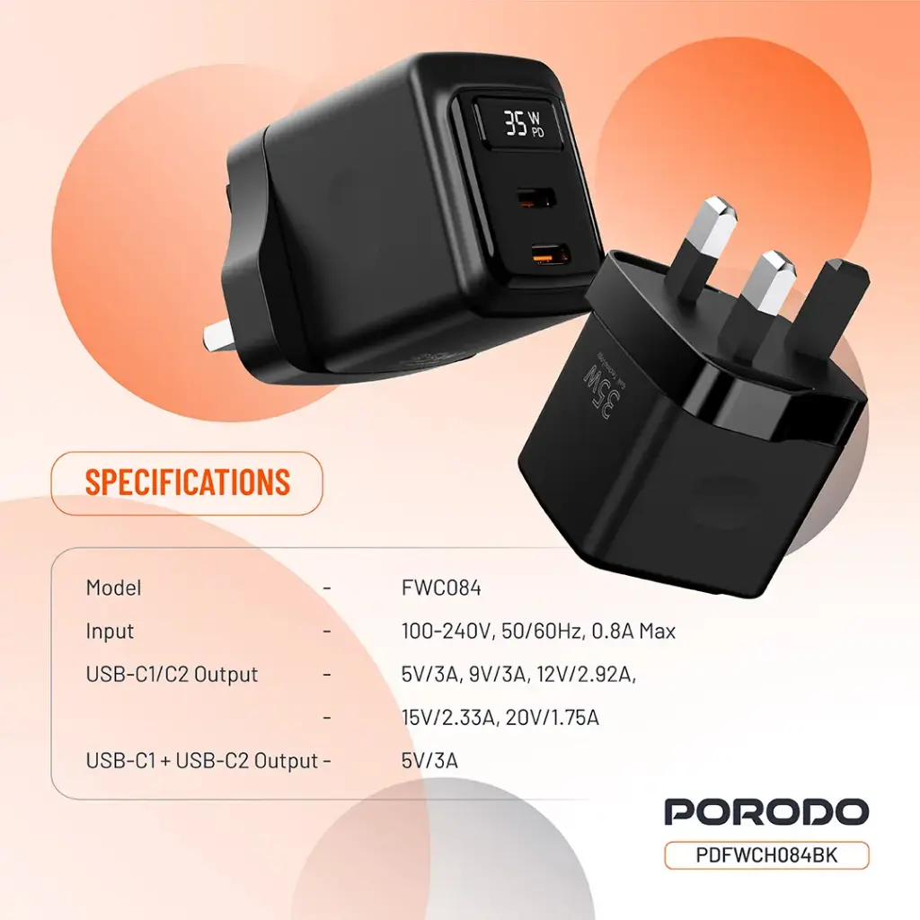 Porodo GaN 35W Dual USB-C Wall Charger with Power Display 7