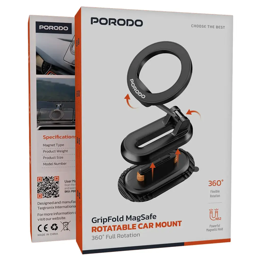 Porodo GripFold MagSafe Rotatable Car Mount 360° Full Rotation 7
