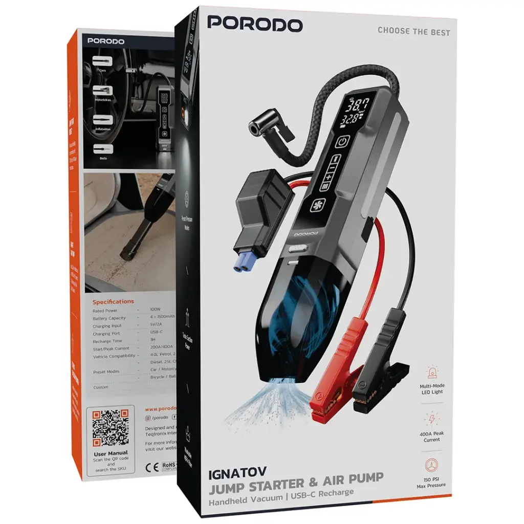 Porodo IGNATOV Jump Starter &amp; Air Pump with Handheld Vacuum | USB-C Recharge 5