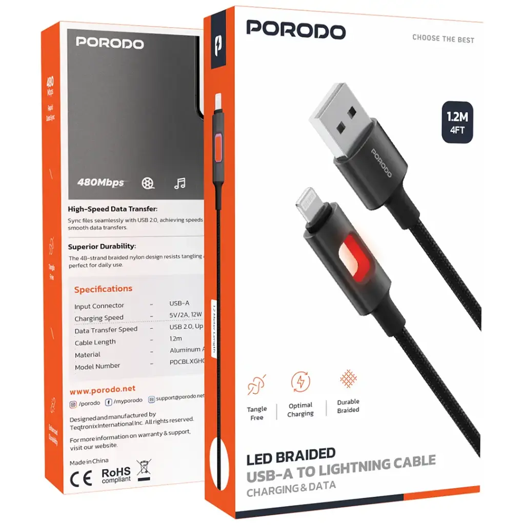 Porodo LED Braided USB-A to Lightning Cable 3