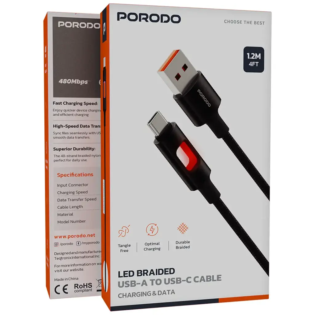 Porodo LED Braided USB-A to USB-C Cable 2