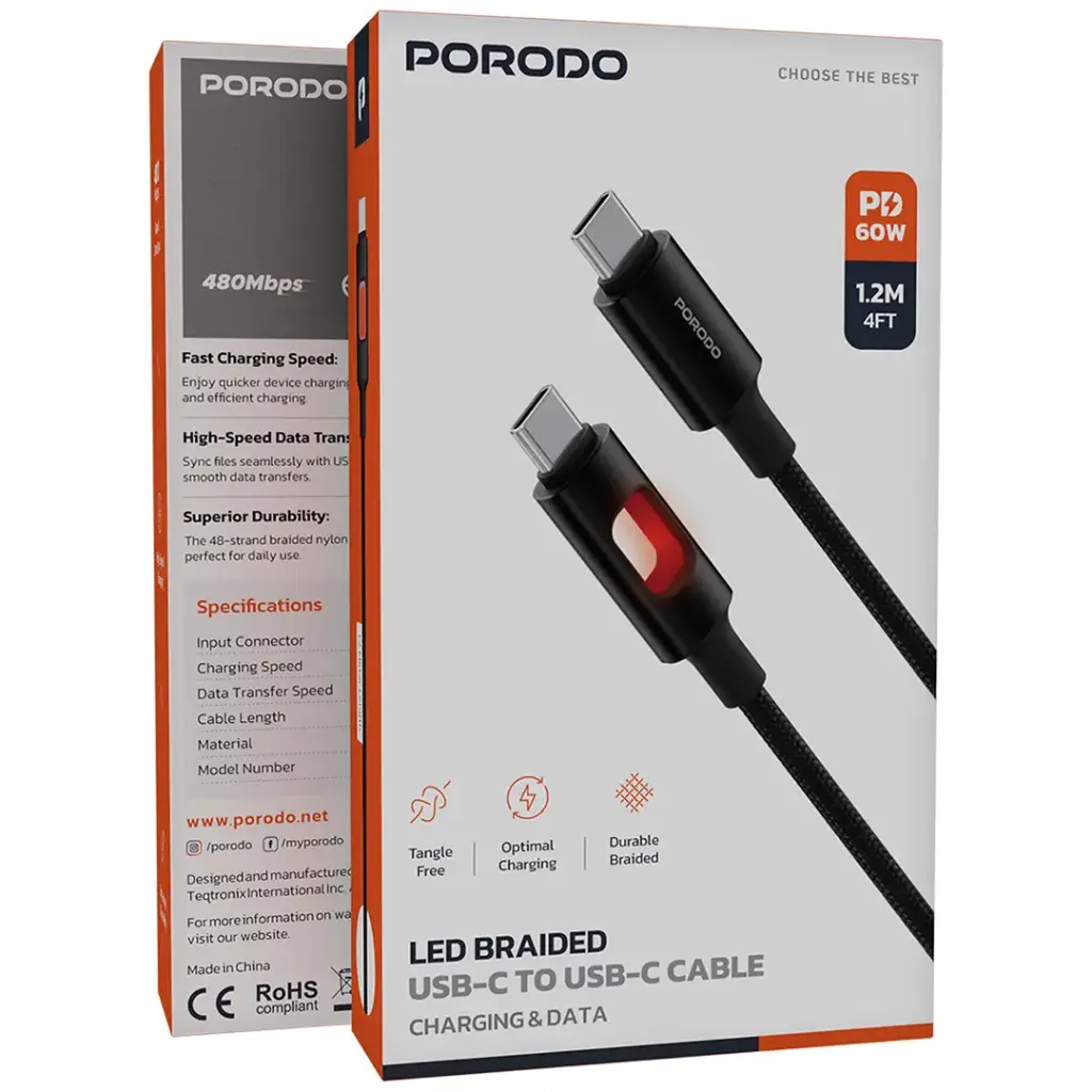 Porodo LED Braided USB-C to USB-C Cable PD 60W 2