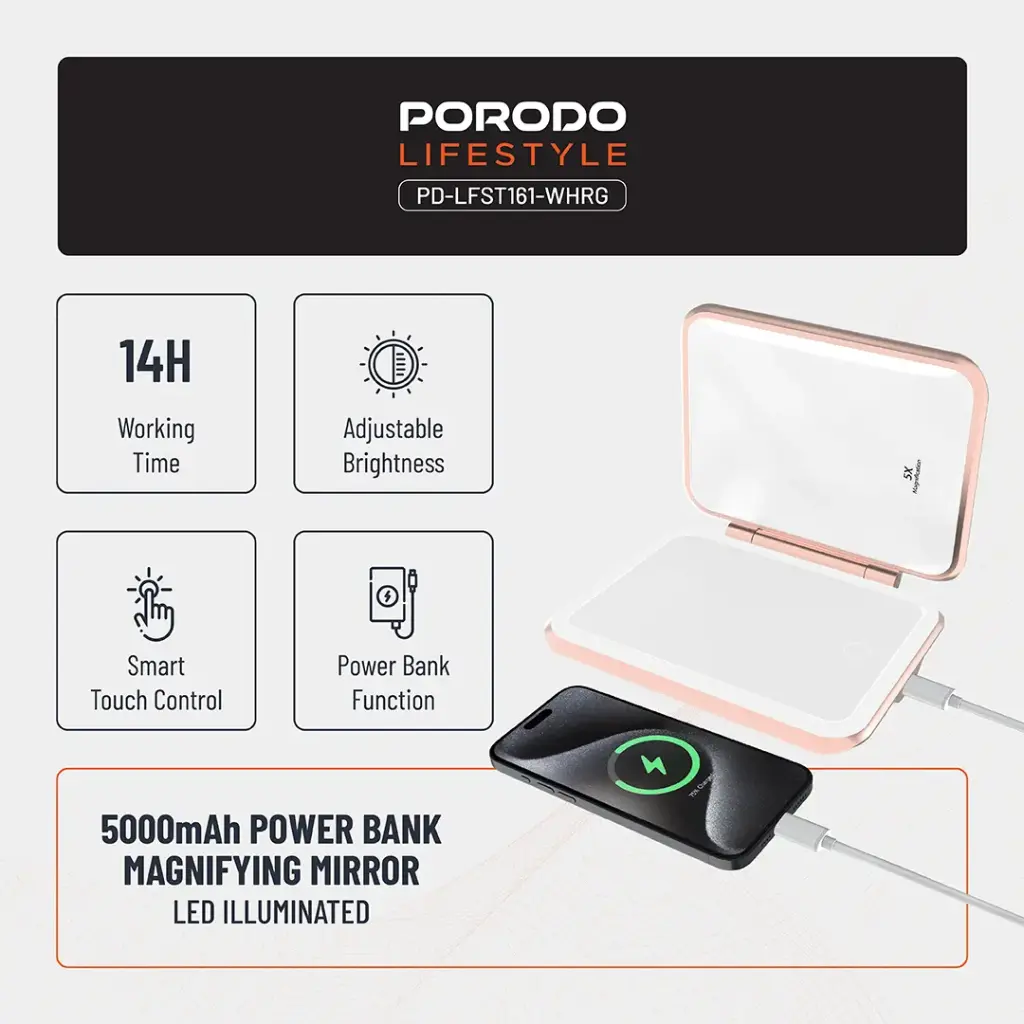 Porodo Lifestyle 5000mAh Power Bank Magnifying Mirror 5