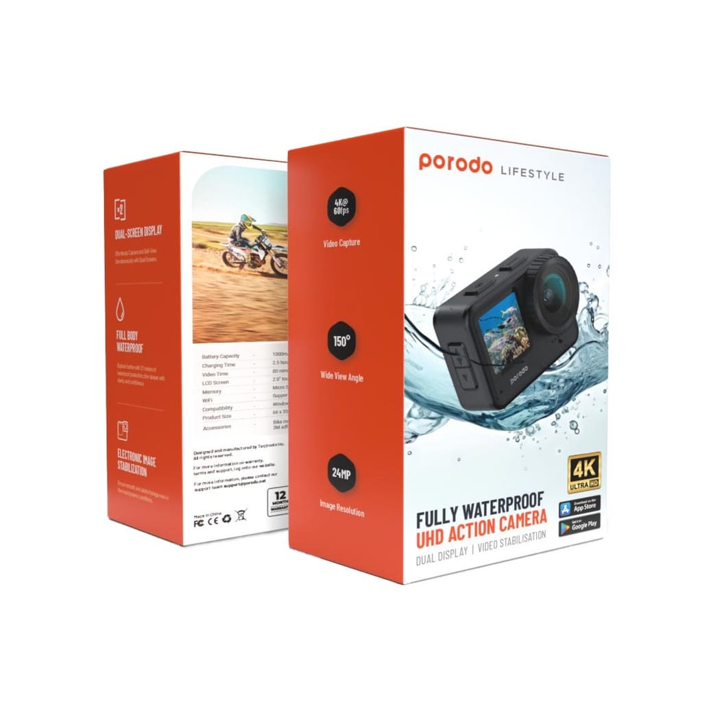 Porodo Lifestyle Fully Waterproof UHD Action Camera Dual Display With Video Stabilisation 2