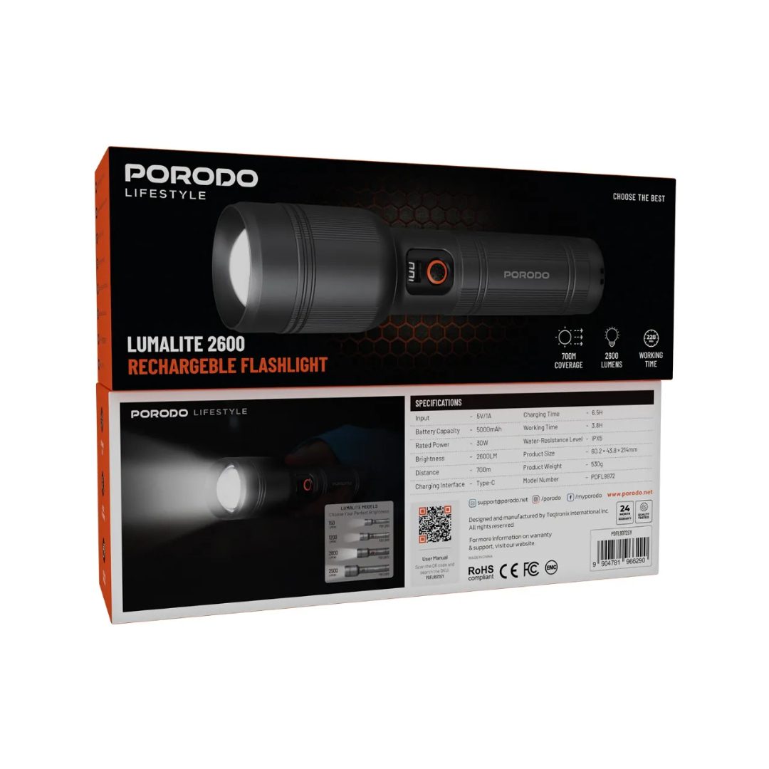 Porodo Lifestyle Lumalite 2600 Rechargeable Flashlight 8