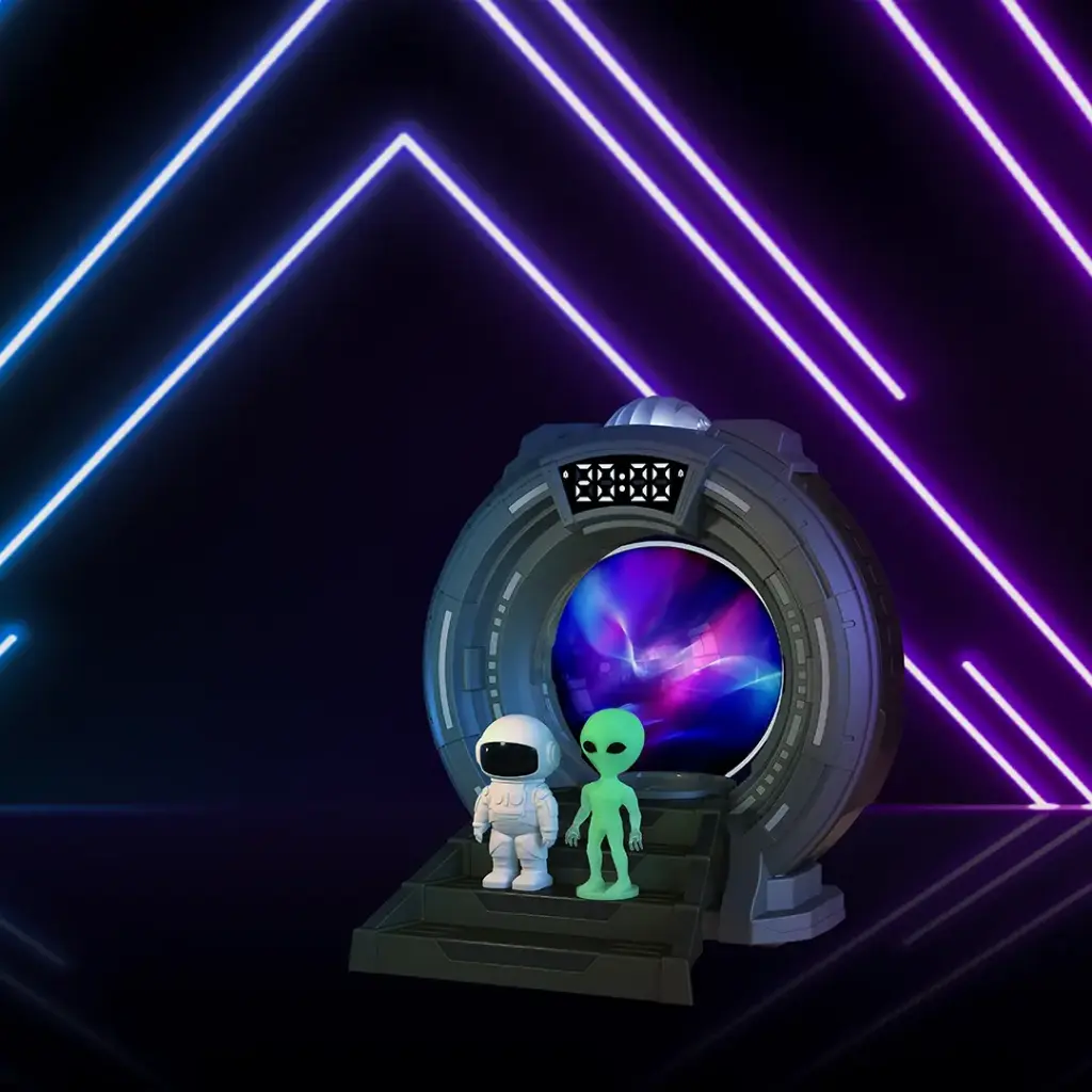 Futuristic Space Portal Digital Clock with Astronaut & Alien Figurines 2