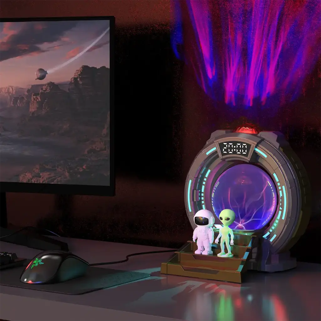 Futuristic Space Portal Digital Clock with Astronaut & Alien Figurines 3