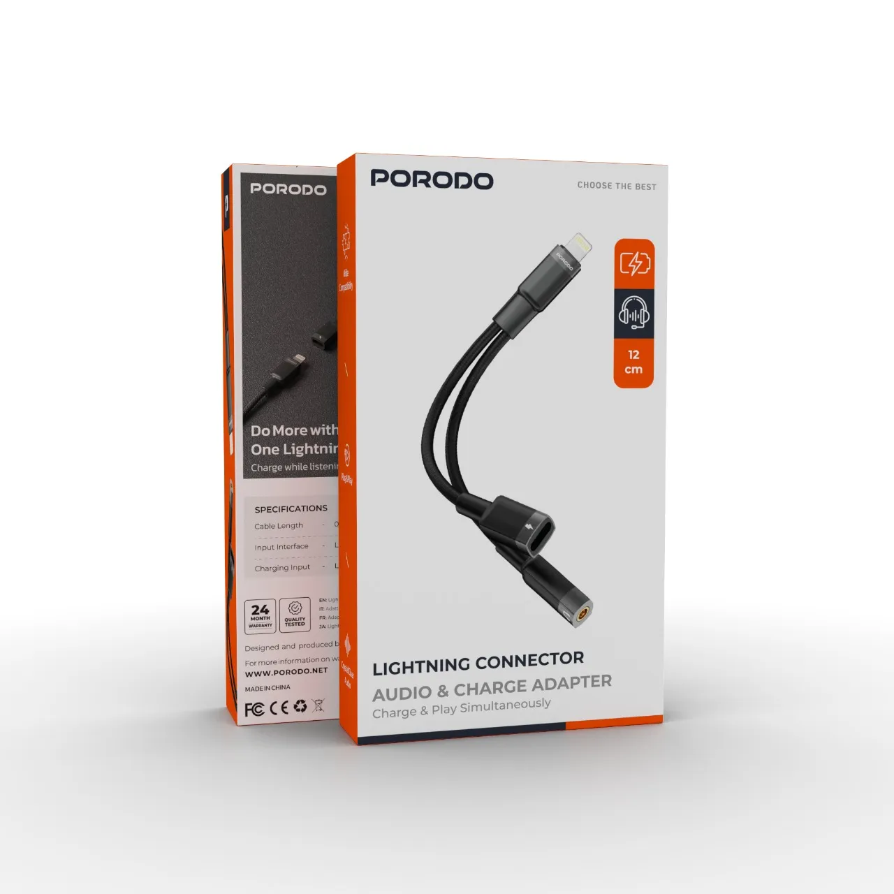 Porodo Lightning Connector Audio & Charge Adapter 0.12m 2