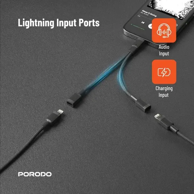 Porodo Lightning Connector Audio & Charge Adapter 0.12m 2