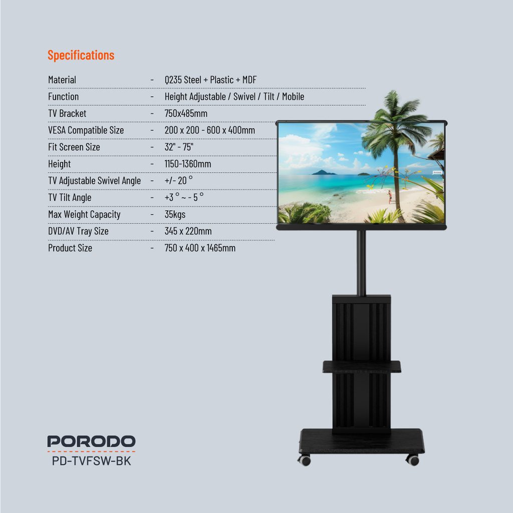 Porodo Mobile TV Stand Dynamic Swivel & Tilt 5