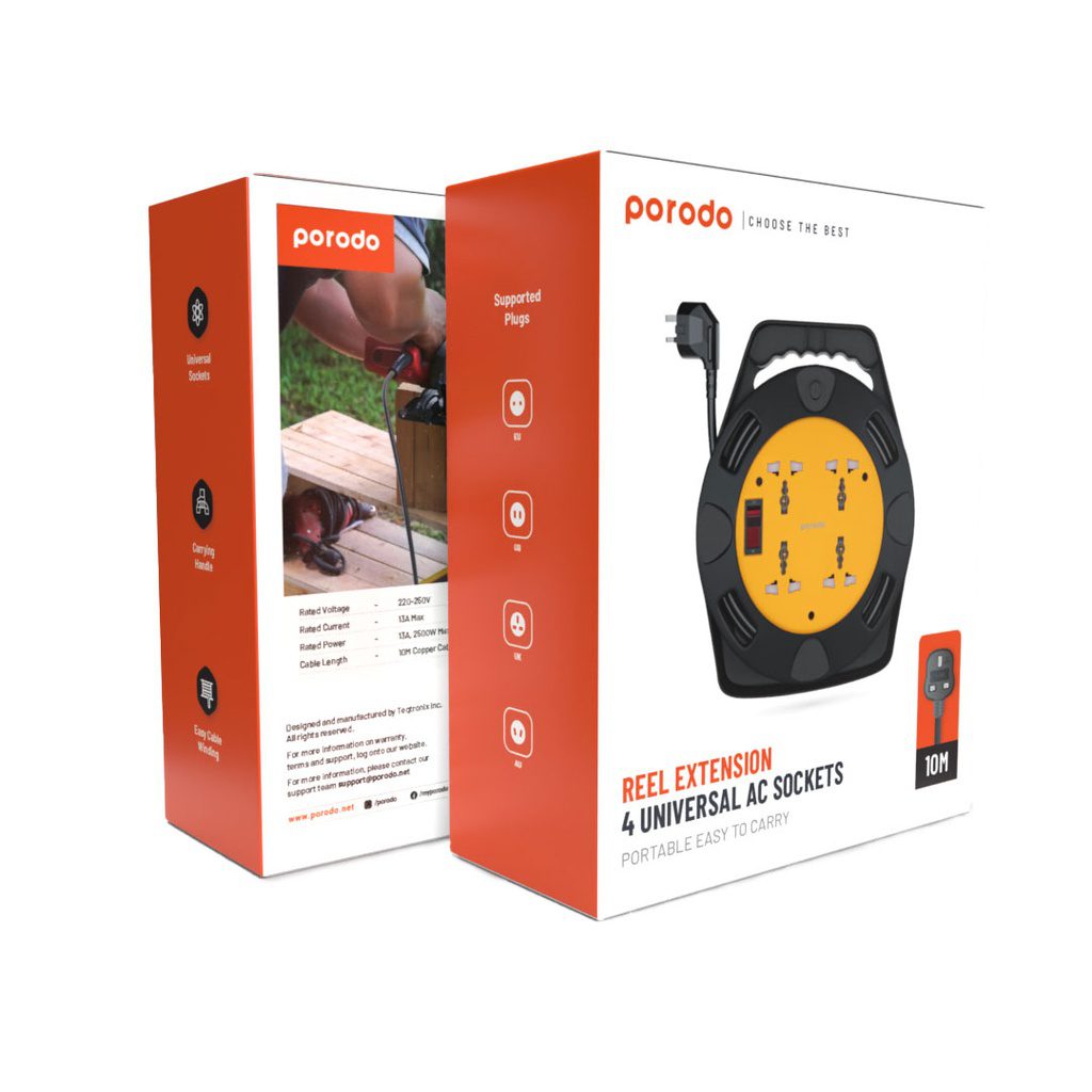 Porodo Reel Extension 4 Universal AC Sockets 10m 2