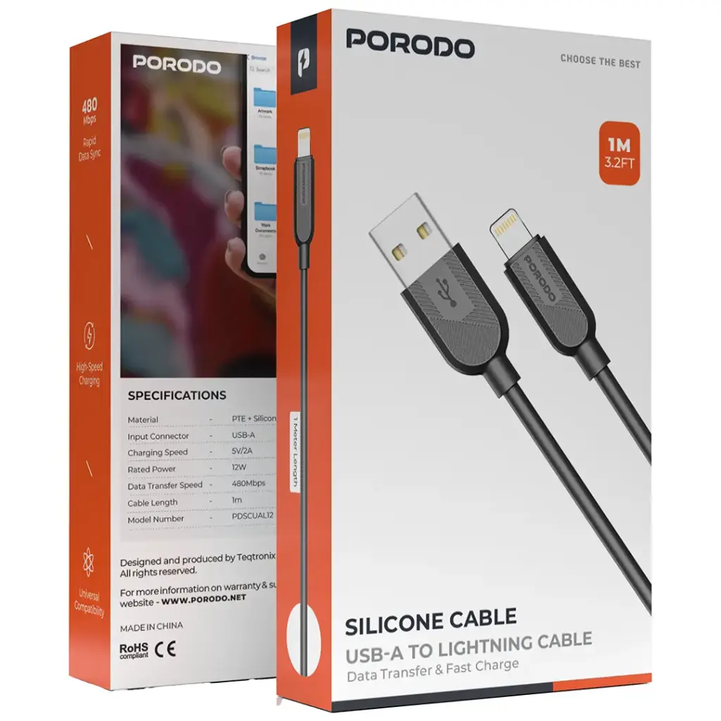 Porodo Silicone USB-A to Lightning Cable 12W 3