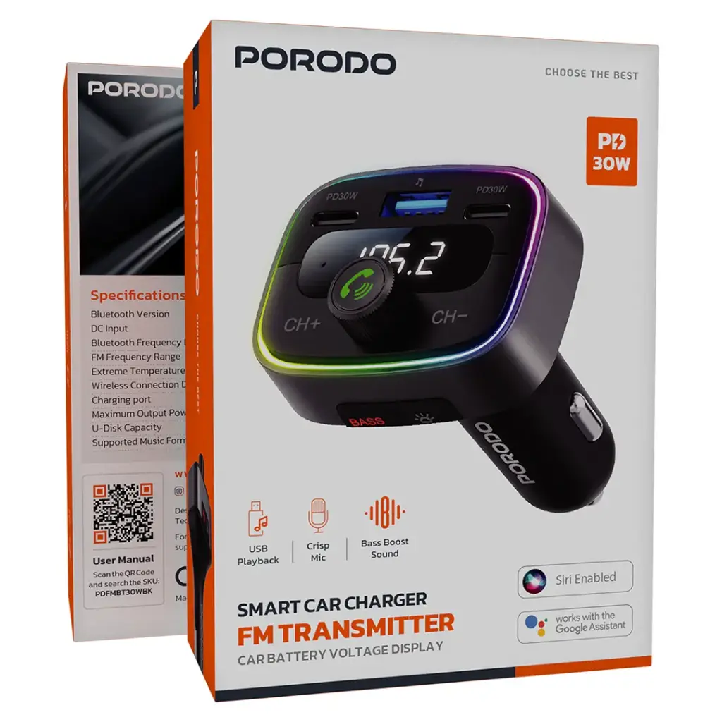 Porodo Smart Car Charger FM Transmitter 3