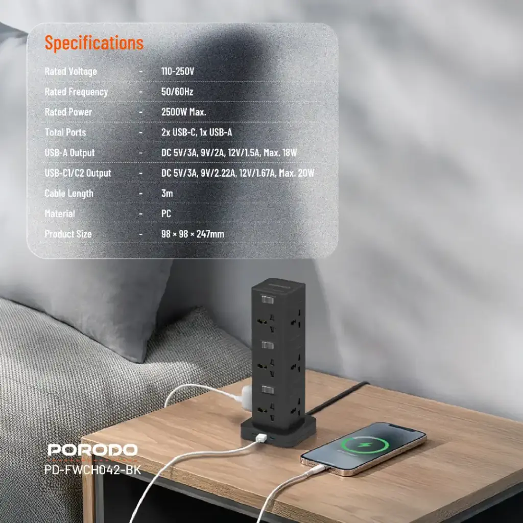 Porodo Three-Story 12AC Power Hub With USB-C PD &amp; Quick Charge 3.0 2