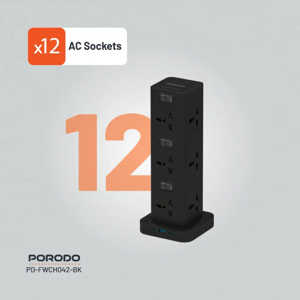 Porodo Three-Story 12AC Power Hub With USB-C PD &amp; Quick Charge 3.0 3