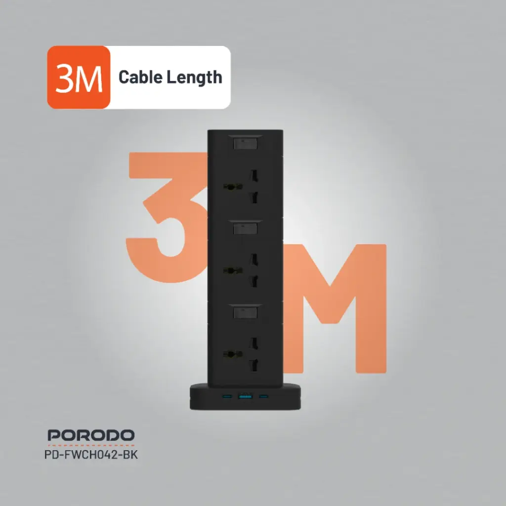 Porodo Three-Story 12AC Power Hub With USB-C PD &amp; Quick Charge 3.0 4