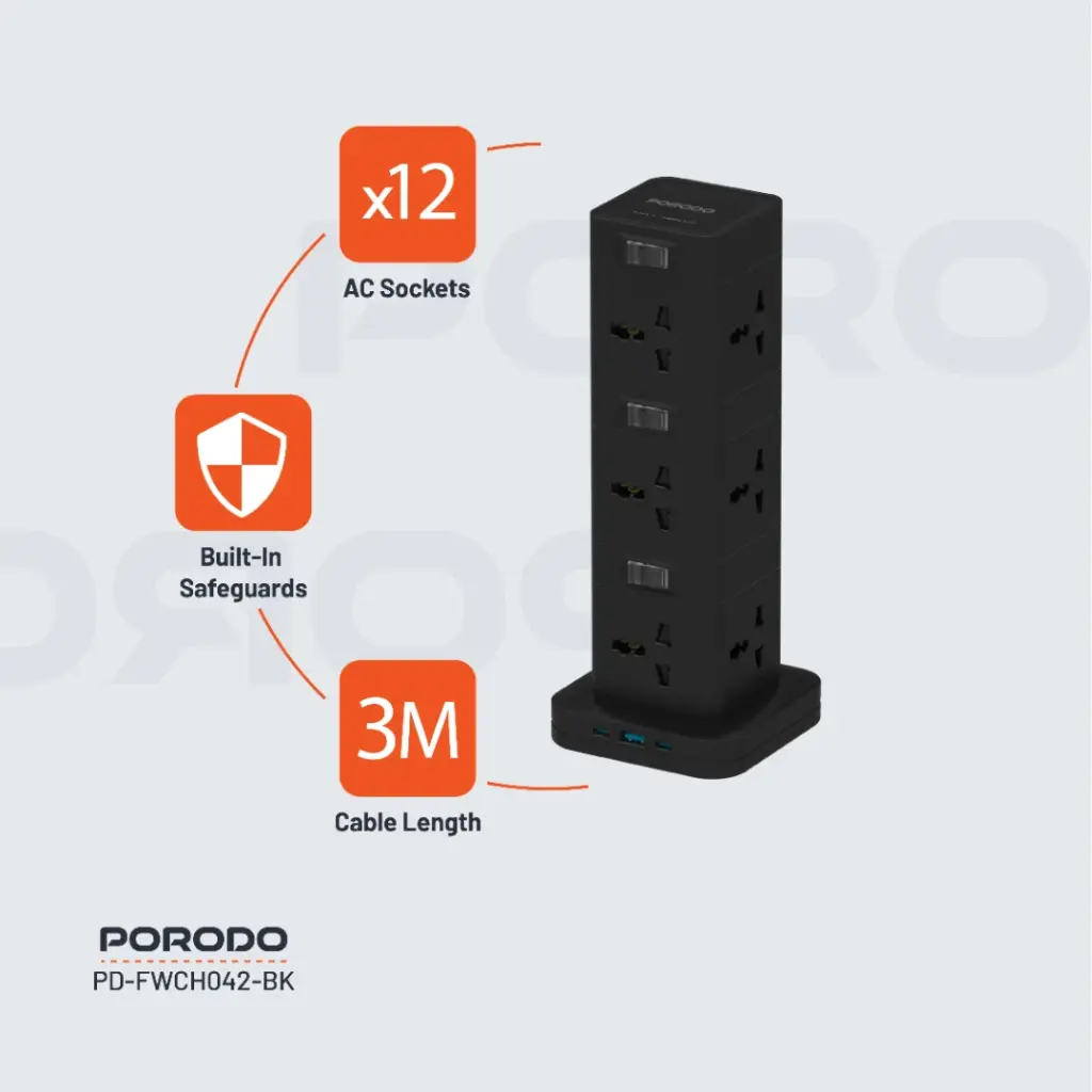 Porodo Three-Story 12AC Power Hub With USB-C PD &amp; Quick Charge 3.0 6