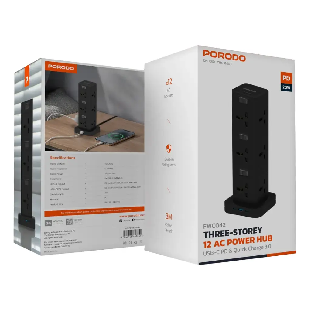 Porodo Three-Story 12AC Power Hub With USB-C PD &amp; Quick Charge 3.0 7