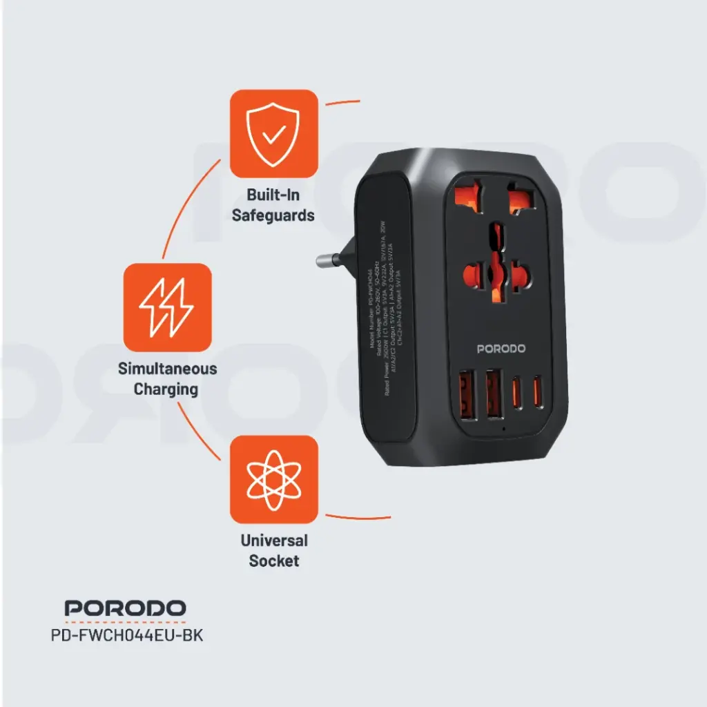 Porodo Universal AC Adapter Multi-Device Charging EU Plug 5