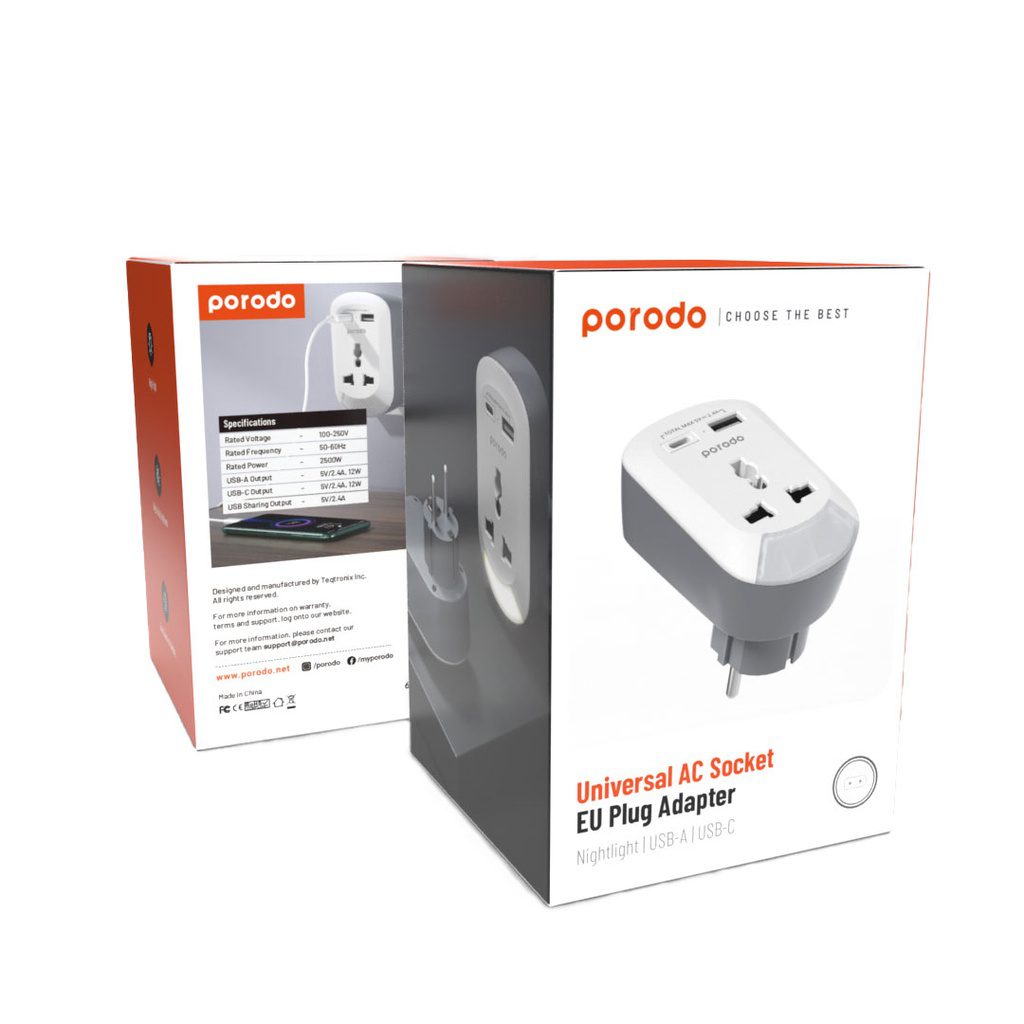Porodo Universal AC Socket EU Plug Adapter with Nightlight and USB-A/USB-C 2