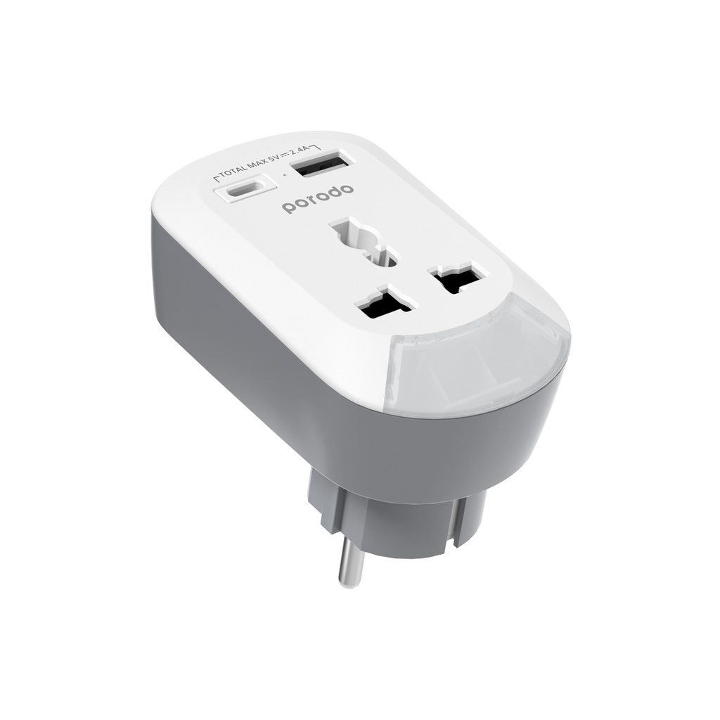 Porodo Universal AC Socket EU Plug Adapter with Nightlight and USB-A/USB-C 4