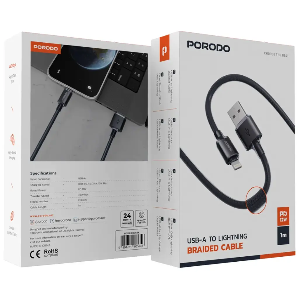Porodo USB-A to Lightning Braided Cable 3