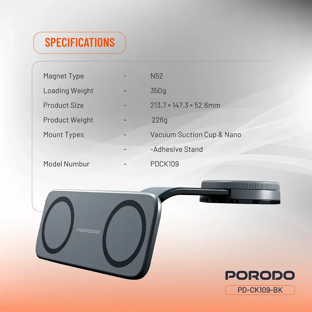 Porodo Vacuum &amp; Adhesive Magnetic Car Mount 8