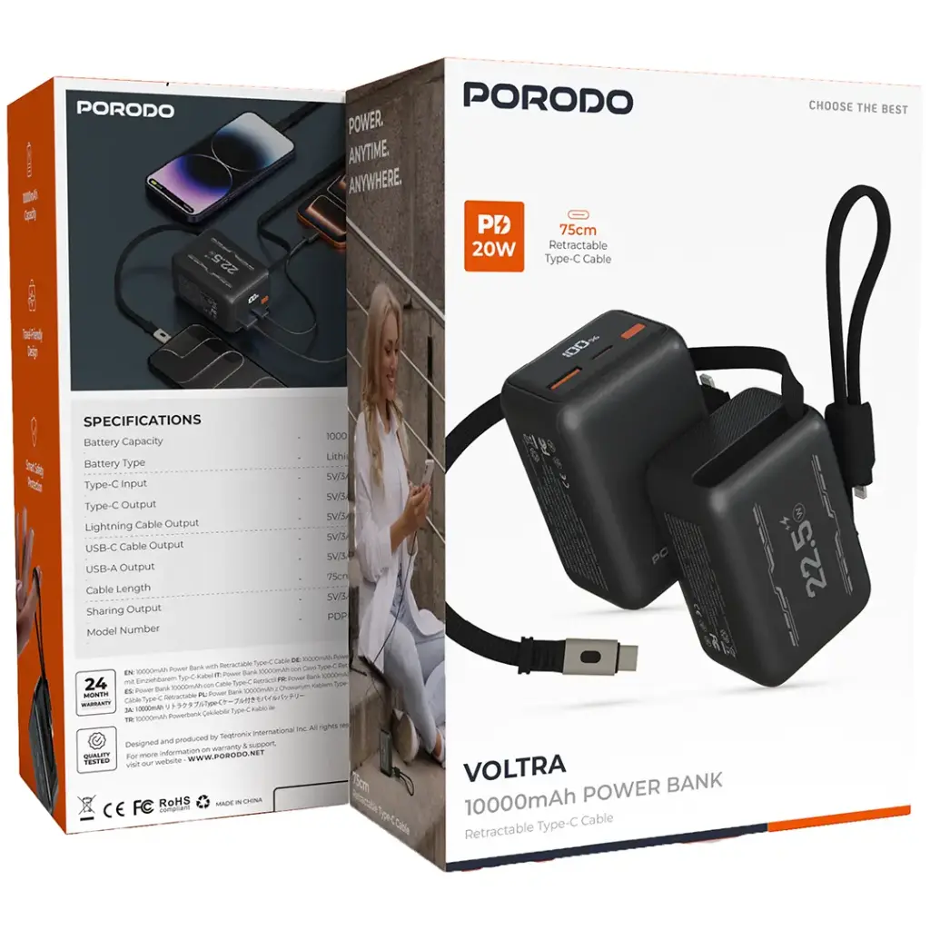 Porodo Voltra 10000mAh Power Bank with Retractable Type-C Cable 4