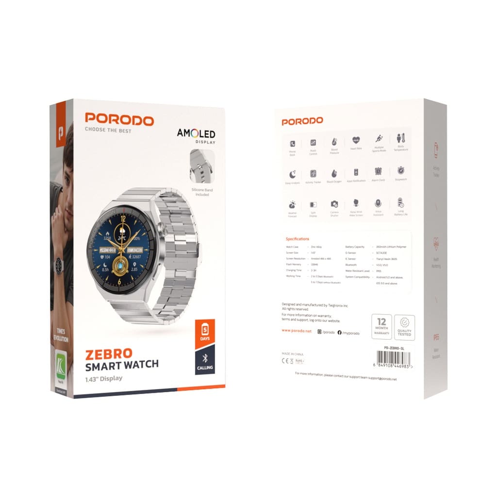 Porodo Zebro Smart Watch Silver dial + Grey Silicon Strap &amp; Silver Metal strap 2
